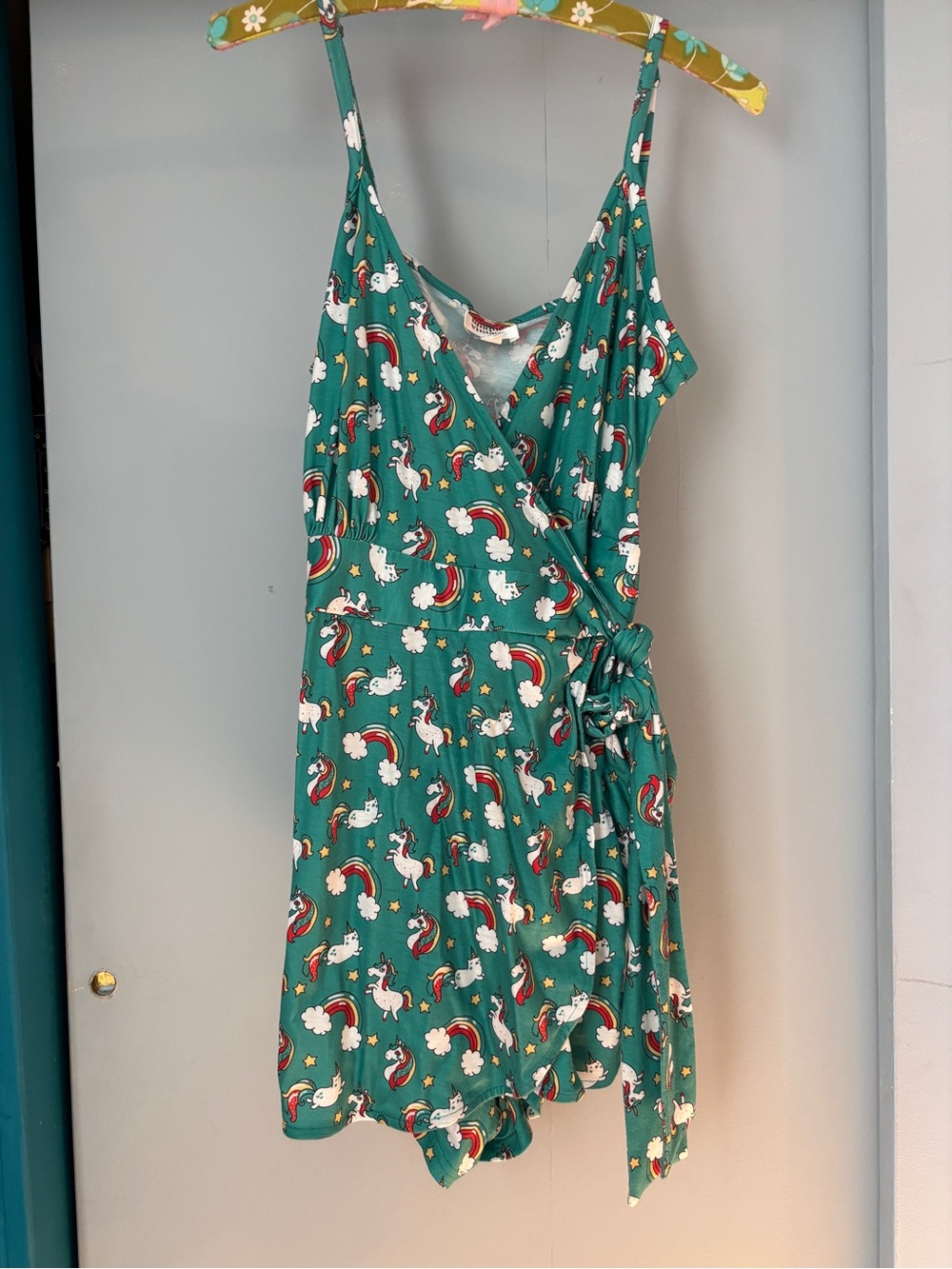 Unique Vintage Teal Unicorn Caticorn Print Wrap Lottie Romper